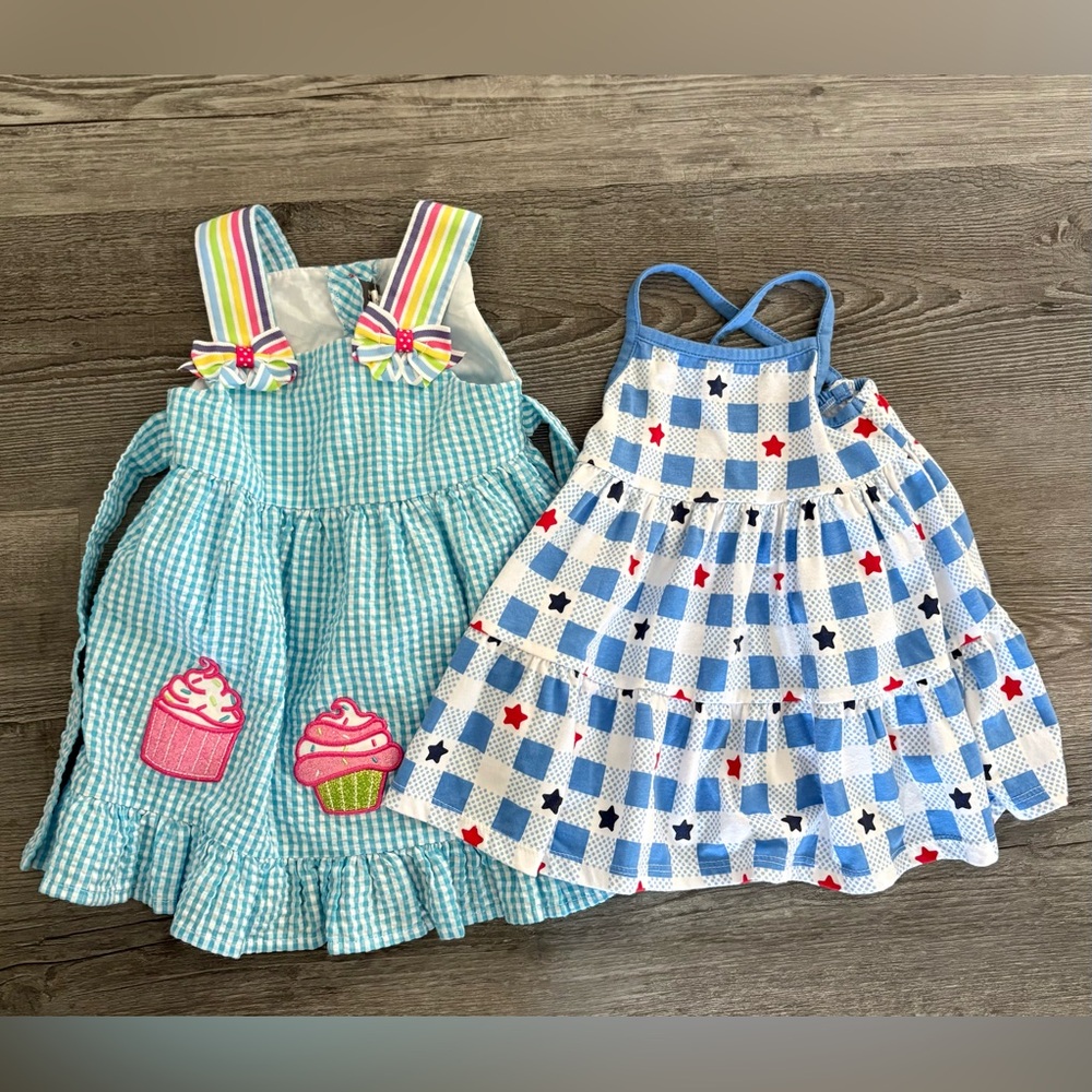 Blue Gingham Cupcake & Star Print Kids Dresses - Set of 2. Girls size 12 months